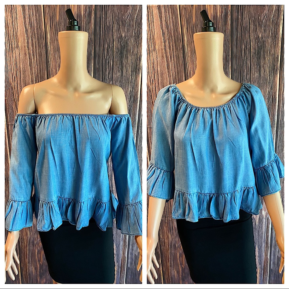 Gianni Bini sz large light blue soft denim ruffles flowy strapless summer